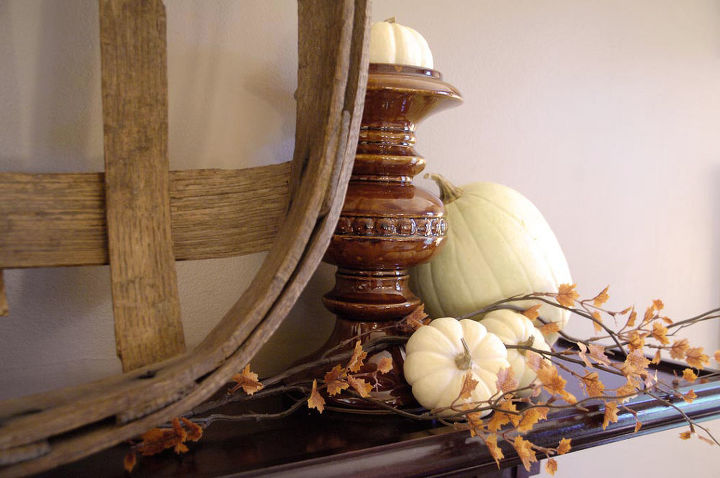 simple white fall mantel, living room ideas, seasonal holiday decor, Candleholder came from Michael s last year