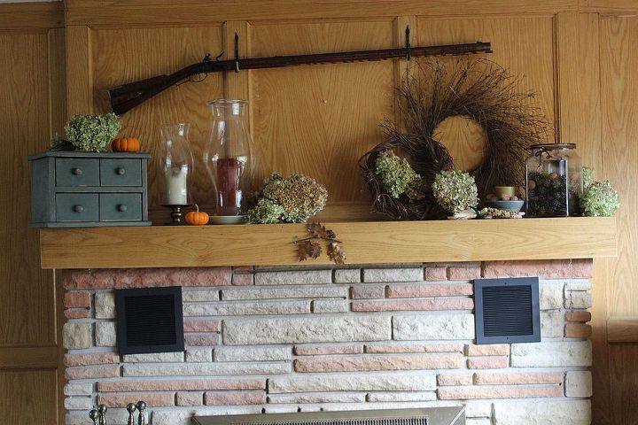 natural materials decorate small house thanksgiving mantle, seasonal holiday d cor, thanksgiving decorations, wreaths, The fireplace vignette in its entirety This is especially pretty lit at night