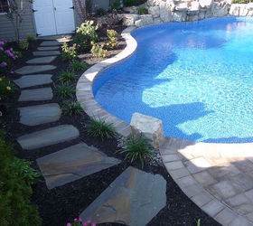 raised patios flower beds and waterfall make backyard appear larger, decks, flowers, gardening, outdoor living, patio, perennial, ponds water features, pool designs, Stepping Stone Paths