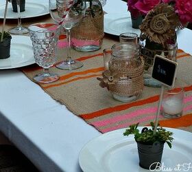 details for a perfect summer dinner party, chalkboard paint, crafts, mason jars, outdoor living, Paint a burlap table runner with stripes in fun colors You can get these at any craft store