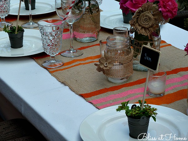 details for a perfect summer dinner party, chalkboard paint, crafts, mason jars, outdoor living, Paint a burlap table runner with stripes in fun colors You can get these at any craft store