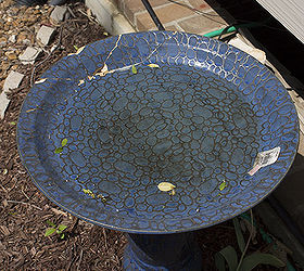 mosaic tile birdbath using recycled dvds, crafts, gardening, repurposing upcycling, This is what we started with Our birdbath had taken a tumble shortly after we got it and stayed in pieces for three years until recently when my husband glued them back together with some clear silicone