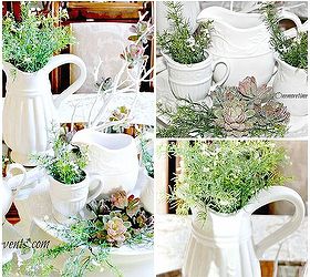 spring table centerpiece thinkspring, home decor, seasonal holiday decor, Using white pitchers filled with greenery and a White birch branch filled with succulents
