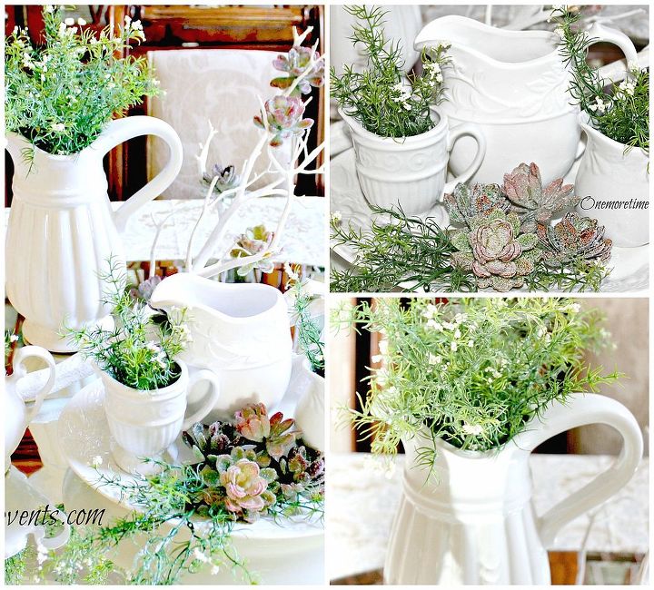 spring table centerpiece thinkspring, home decor, seasonal holiday decor, Using white pitchers filled with greenery and a White birch branch filled with succulents