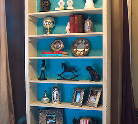 ivory chalkpainted bookshelf with wallpaper lined shelves, chalk paint, painted furniture