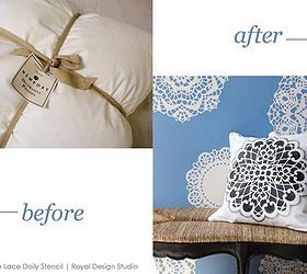 how to stencil a lace doily pattern on fabric pillows, crafts, painting, reupholster, A discount store fabric pillow can instantly be transformed w one of our many new Lace Doily Stencils In this case our simple yet regal Catherine Doily was used