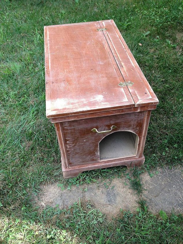 hideaway cat litter box, chalk paint, painting, repurposing upcycling, I started out by sanding lightly the imperfections I then cut an opening in the end for entrance
