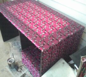 25 desk to craft station, home decor, painted furniture, Once all your material is added and the first layer of polyurethane is dried trim excess material Add additional 3 4 layers of polyurethane and let dry Embellish any borders you want and you are done