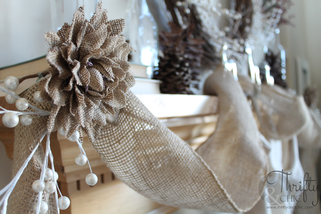 burlap garland and christmas mantel, christmas decorations, seasonal holiday decor, wreaths, Burlap flower to secure the burlap garland in place