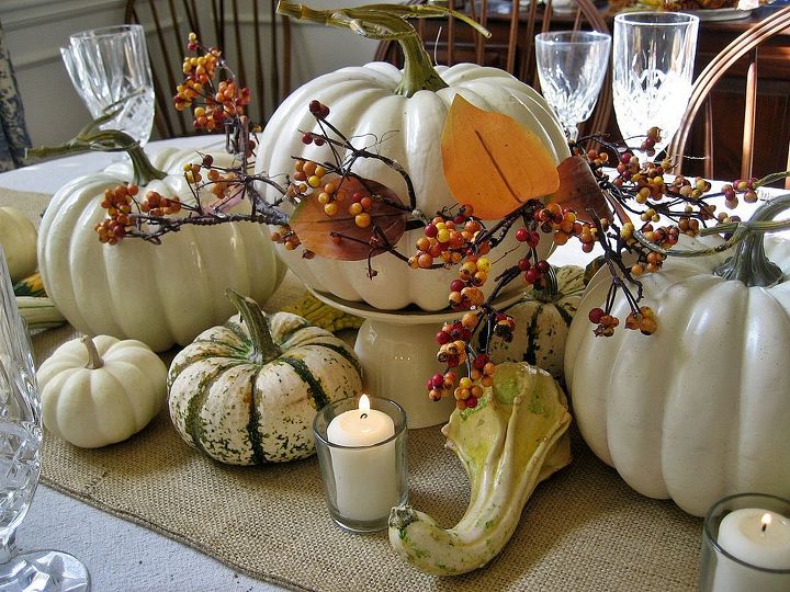 thanksgiving tablescape burlap and white pumpkins, home decor, seasonal holiday decor, thanksgiving decorations, An overturned teacup topped by its saucer elevate the center pumpkin