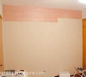 diy wood plank wall, diy, paint colors, wall decor, woodworking projects, Planks were spaced out in a varied pattern to give it a more natural look