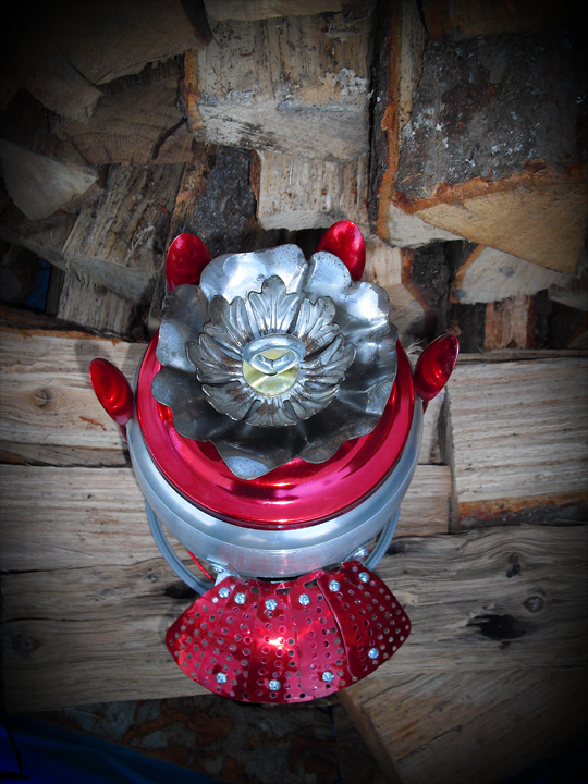 metal repurposed birdhouse, outdoor living, pets animals, repurposing upcycling, Vintage Aluminum Canister Rose with Red Spoons Repurposed Upcycled Birdhouse by GadgetSponge com