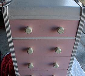 birthplace subway art dresser, chalk paint, painted furniture, The dresser s before look with pink drawers and oversized green gingham pulls
