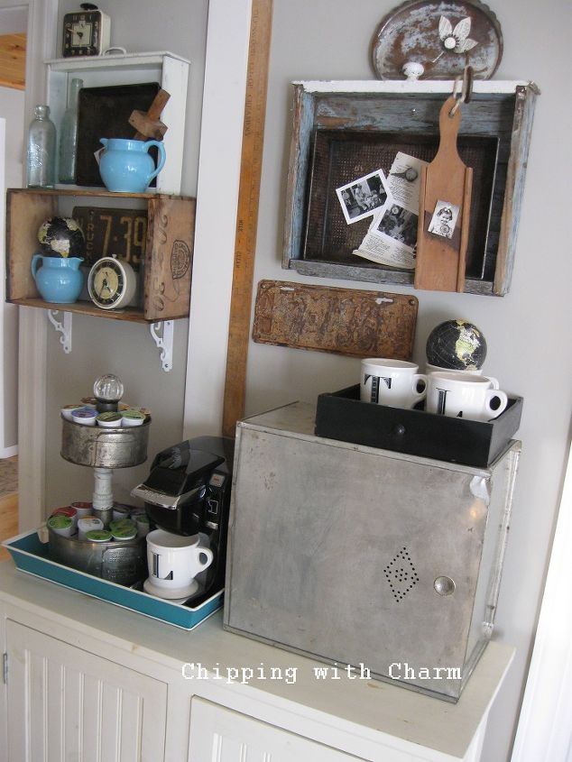 a couple more drawer shelves turned junky coffee station, kitchen design, repurposing upcycling, shelving ideas