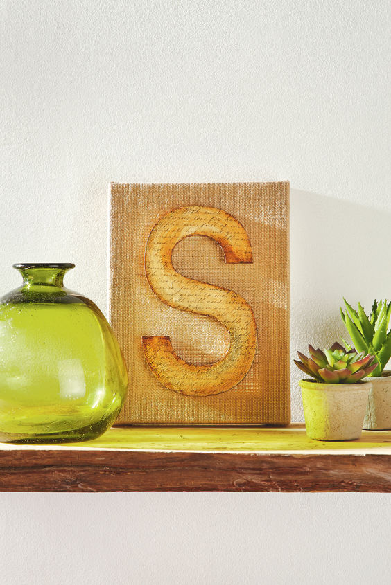 stretched burlap stenciled tree, crafts, home decor, painting, Stretched Burlap Monogram Decorate your walls with this stretched burlap monogram It makes a great personalized gift too