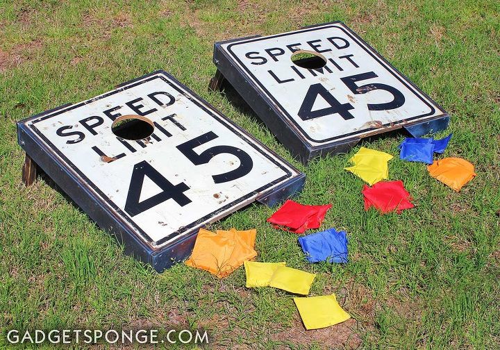 repurposed speed limit signs cornhole game boards, outdoor living, repurposing upcycling