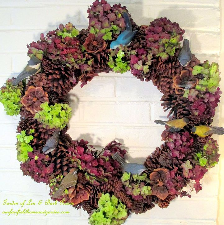 fall decorating dried hydrangeas, crafts, seasonal holiday decor, wreaths, Dried hydrangea blossoms from my garden accent our pinecone wreath for Fall for free Another of my Use What You Have projects See more at