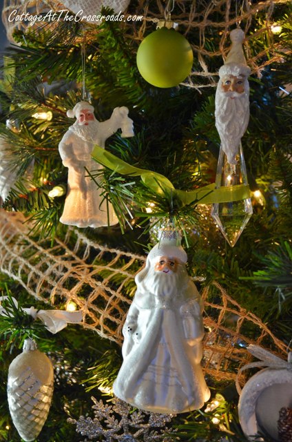 our nature inspired mantel and santa tree, christmas decorations, seasonal holiday decor, white Santa ornaments