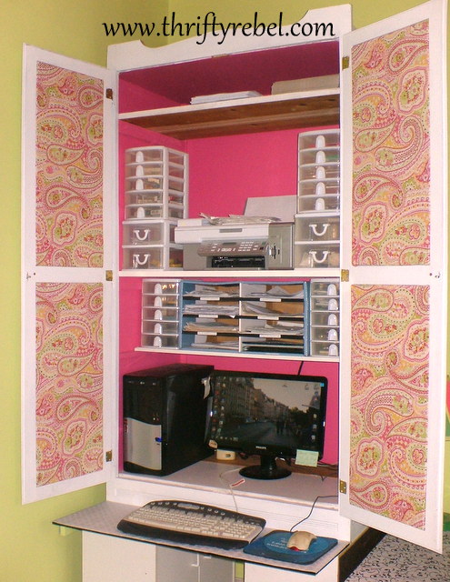 wardrobe makeover into computer armoire, chalk paint, craft rooms, home decor, painted furniture, Wardrobe Inside After