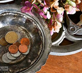 when gathered random junk becomes an entry table, foyer, home decor, painted furniture, repurposing upcycling, Tarnished silver dishes were layered to hold