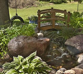 waterfall and urn, gardening, outdoor living, ponds water features, repurposing upcycling, Add a wooden bridge architectural interest