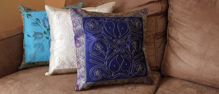 transforming ordinary pillows into a display of art, home decor, living room ideas, Ornamental Embroidered Designs