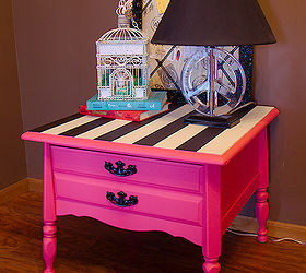 pink nightstand with black and white stripes, painted furniture
