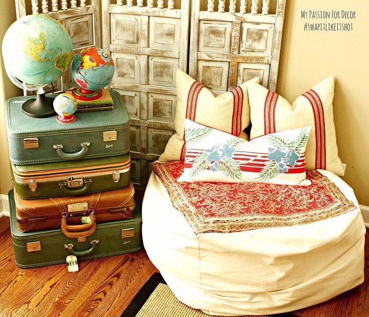 west elm inspired pouf using a vintage silk scarf, home decor, painted furniture, repurposing upcycling, reupholster