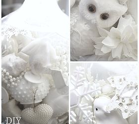 diy i spy winter wonderland lamp, crafts, decoupage, lighting, painting, Lamp is filled with a collection of white trinkets including white and snowflak ornaments owl star seashells angel pearls etc