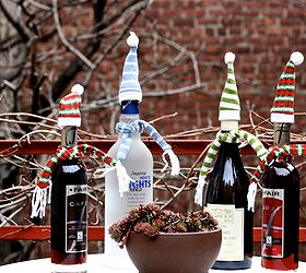 cheers hats n scarves for vino liquor liqueur bottles, christmas decorations, seasonal holiday decor, Rockin around the Hens n Chicks This picture with a story was featured in a post within TLLG s Blogger pages