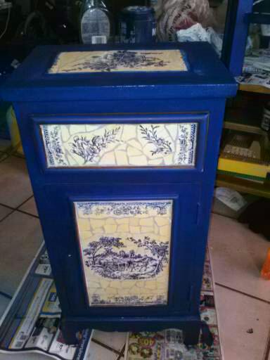 finishing the little mosaic cabinet, kitchen cabinets, painted furniture, now blue getting better