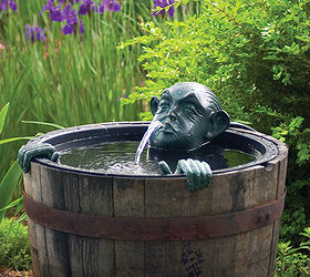 fountains in the garden, outdoor living, ponds water features, Man in a barrel adds whimsy to the garden