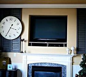 sliding shutter diy hide your tv, doors, fireplaces mantels, home decor, living room ideas, Antique Shutters made into a sliding barn door to hide the TV when not in use