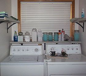 laundry room makeover under 450 with recycled shelves cabinets more, cleaning tips, laundry rooms, repurposing upcycling, shelving ideas, New shelves filled with home made laundry supplies wood trim and casing on windows
