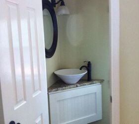 goodwood an epic renovation, diy renovations projects, remodeling, It s tough fitting a vanity into a corner of a tiny power room We did so with a custom corner shaker cabinet granite and a vessel sink