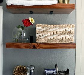 70 bathroom makeover, bathroom ideas, home decor, repurposing upcycling, shelving ideas, small bathroom ideas, Create faux floating shelves by using corner brackets as shelf brackets I saved money by using reclaimed wood found at an estate sale