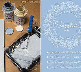 how to stencil lace canvas art project, chalk paint, home decor, painting, For this Lace Bird Stenciled Canvas Wall Art we chose Chalk Paint Decorative Paint Colors in Old White Louis Blue Pure White