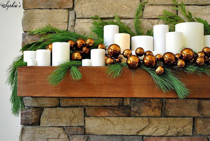 great room rustic christmas, christmas decorations, fireplaces mantels, living room ideas, seasonal holiday decor, Fresh greens white candles copper ornaments