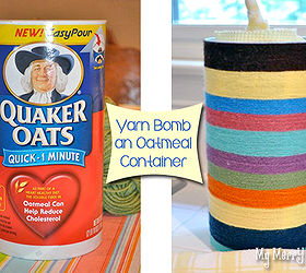 yarn bomb an upcycled oatmeal container for storage, crafts, repurposing upcycling, Decorate an old oatmeal canister with yarn to make a custom storage container