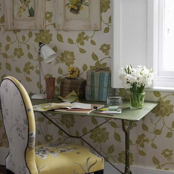 home decor floral accents done the right way, home decor, shabby chic, I can t really put my finger on why this office space floral decor works so well Whether it s the perfect blend of mixing vintage florals patterns or if is the staging of the vintage books and real flowers It is fabulous I adore it