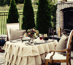 ralph lauren inspired outdoor dinner for two, home decor, outdoor living, Ralph Lauren inspired outdoor dinner for two stone fireplace ruffled burlap tablecloth