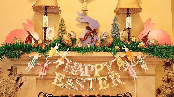 easter d cor on mantel, easter decorations, seasonal holiday d cor