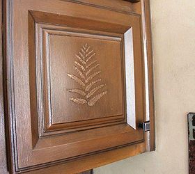 raised fern stencil livens up a boring desk area, kitchen cabinets, painted furniture, shelving ideas, I also changed out hardware to give it a more rustic feel