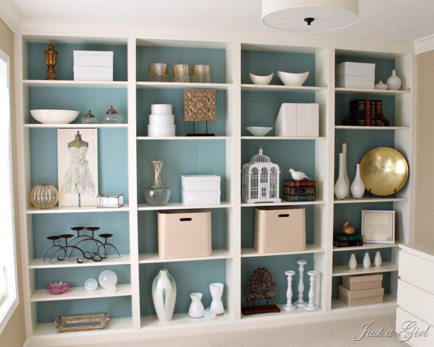 built in bookcases, craft rooms, storage ideas, All gussied up with storage boxes and containers for my craft supplies