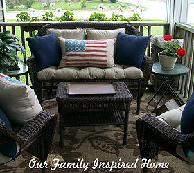 front porch, outdoor furniture, outdoor living, painted furniture, patriotic decor ideas, porches, seasonal holiday decor