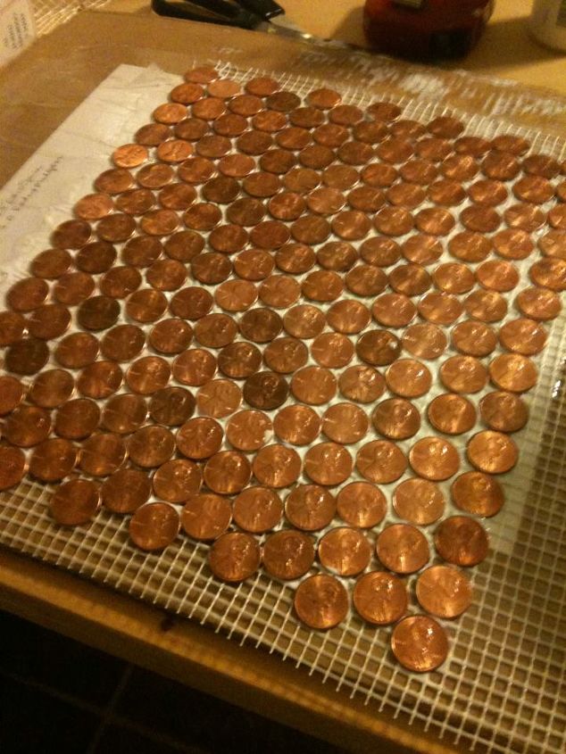 make a floor out of real pennies, flooring, tile flooring, tiling, glue the pennies onto the mesh