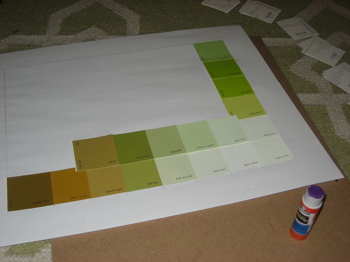 diy paint chip art, home decor, painting, Gluing them down overlapping such a way that the color names still show