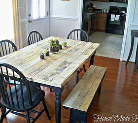 diy pallet farmhouse table, painted furniture, pallet, rustic furniture, urban living, Once they were all laid out he marked the length on each side of the table and cut the ends evenly with a skill saw Yes this was all done inside I m still cleaning up saw dust lol