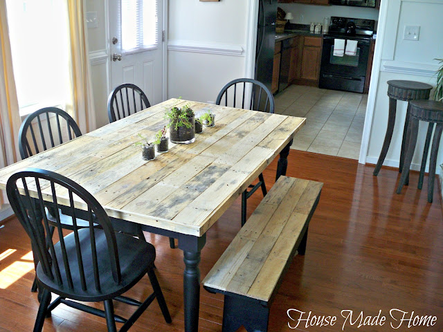 diy pallet farmhouse table, painted furniture, pallet, rustic furniture, urban living, Once they were all laid out he marked the length on each side of the table and cut the ends evenly with a skill saw Yes this was all done inside I m still cleaning up saw dust lol