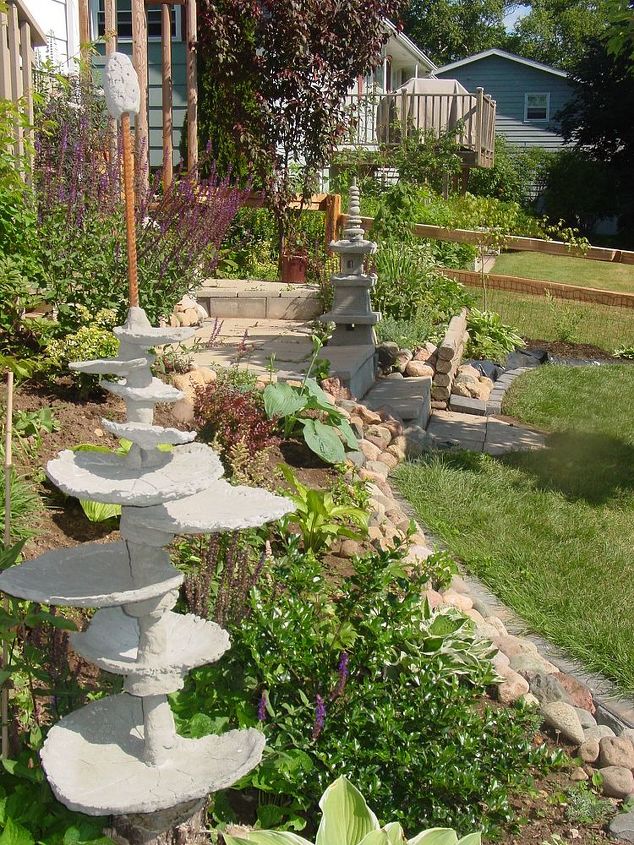 my gardens my breath of fresh air, flowers, gardening, In the foreground the leaf plant birdbath I am building the Pagoda I built beyond and the gardens and pathway to my upper deck